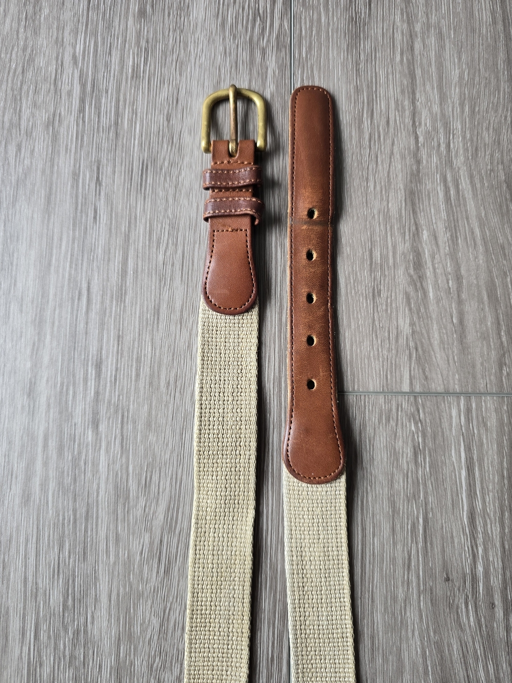 Coach Natural Linen Webbing Belt Brown Leather Brass Buckle Preppy Size 38 3810